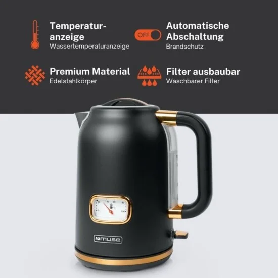 Muse Classic Design Stainless Steel Kettle with Analog Temperature Indicator, 1.7L Capacity – Matte Black